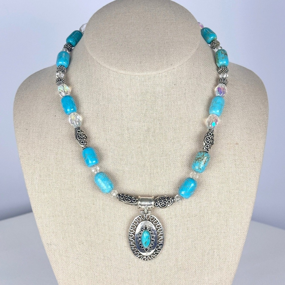 Boho Turquoise Blue Beaded Necklace Silver Tone Filigree Pendant Toggle Clasp